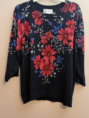 C.D. Daniels Black Crewneck Sweater with Red Floral Print